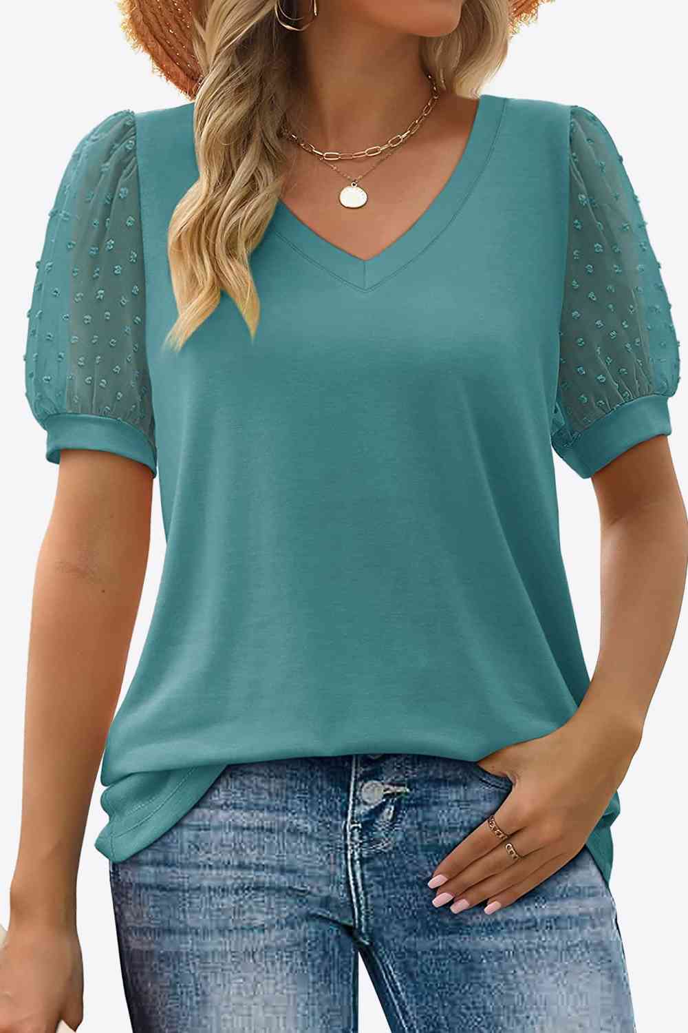 Swiss Dot Puff Sleeve V-Neck Tee, S-2XL, several color choices