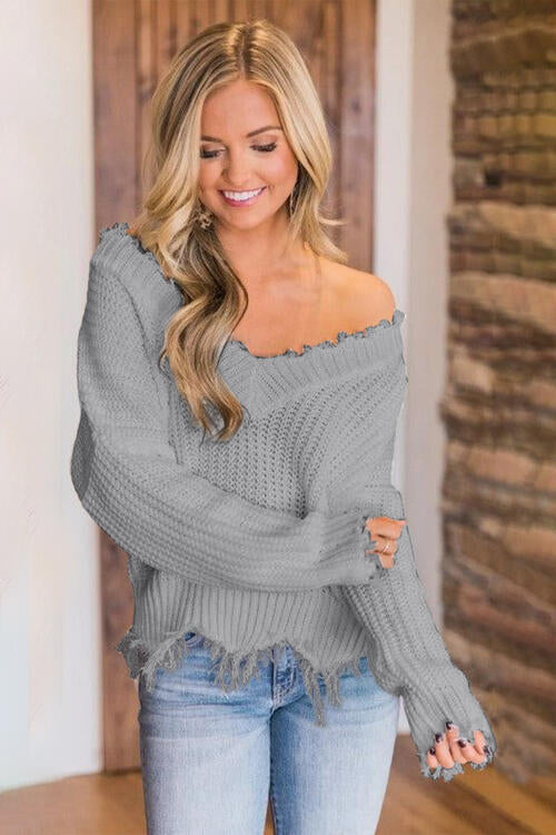 Frayed Hem Dropped Shoulder Sweater, S-2XL, several colors