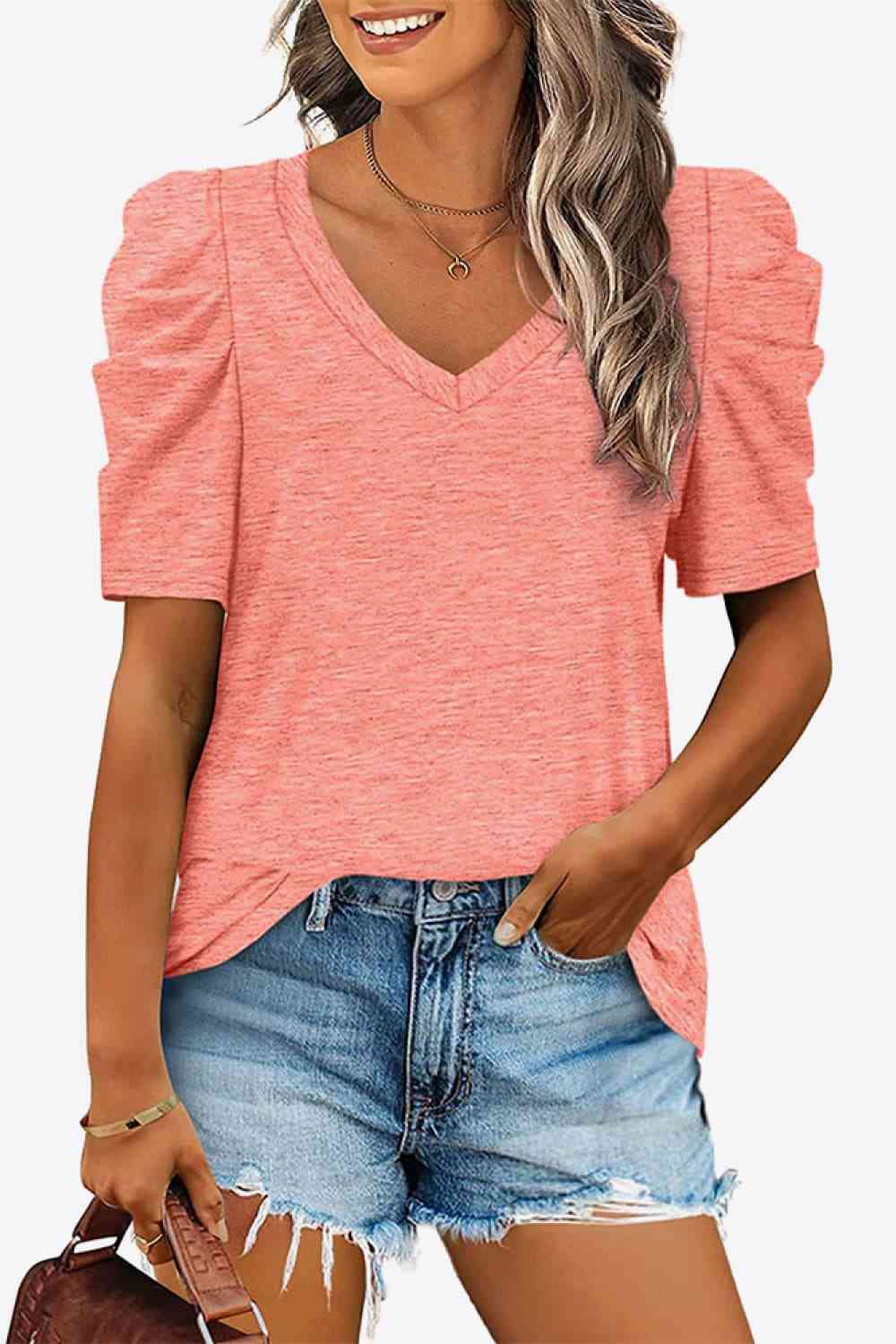 V-Neck Puff Sleeve Tee, S-2Xl, several color choices