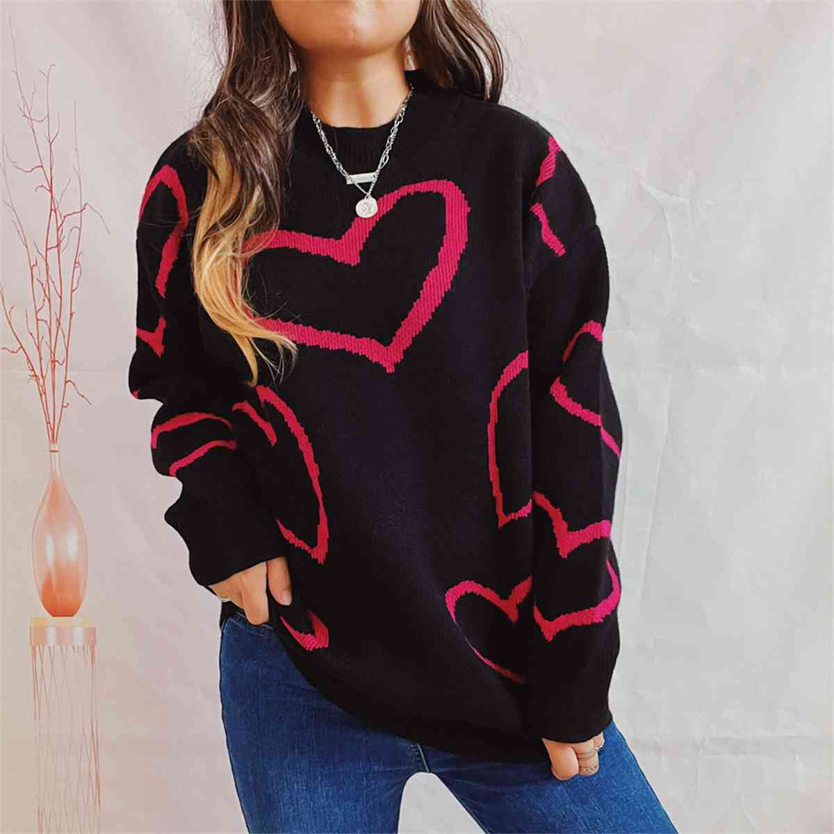 Heart Pattern Long Sleeve Sweater, S-XL, several color choices