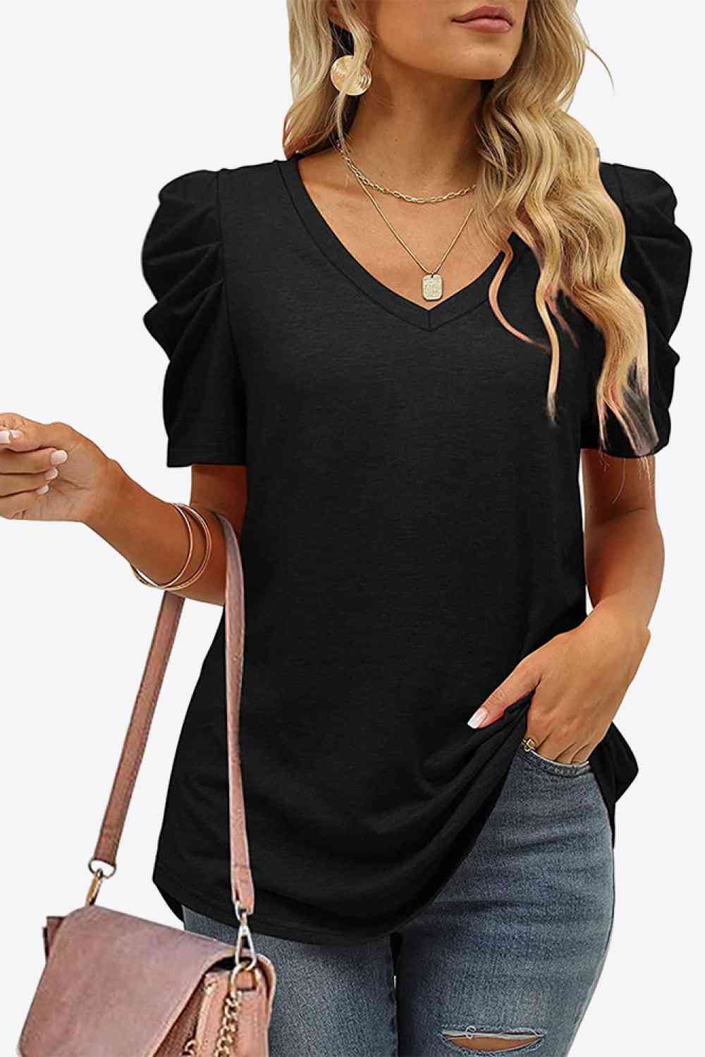 V-Neck Puff Sleeve Tee, S-2Xl, several color choices