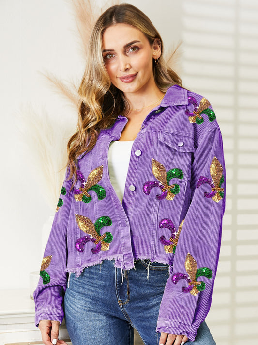 Mardi Gras Sequin Fleur De Lis Raw Hem Jacket, S-XL, four color choices