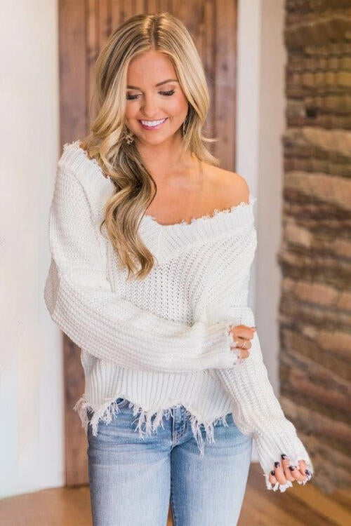 Frayed Hem Dropped Shoulder Sweater, S-2XL, several colors