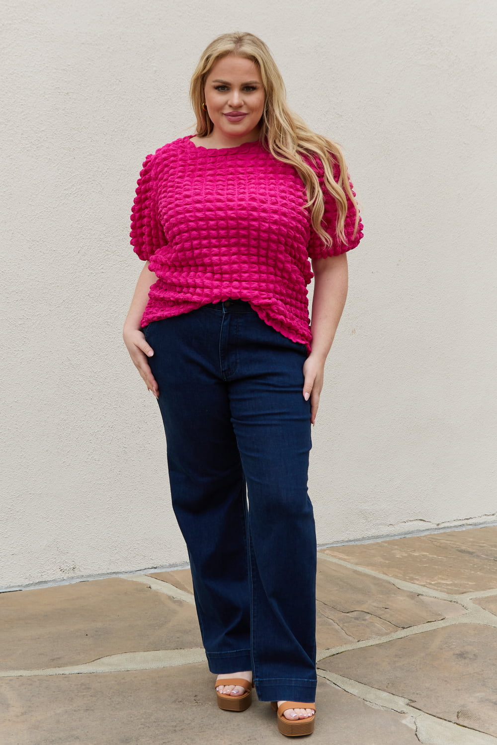 Bubble Textured Puff Sleeve Top, S-3XL