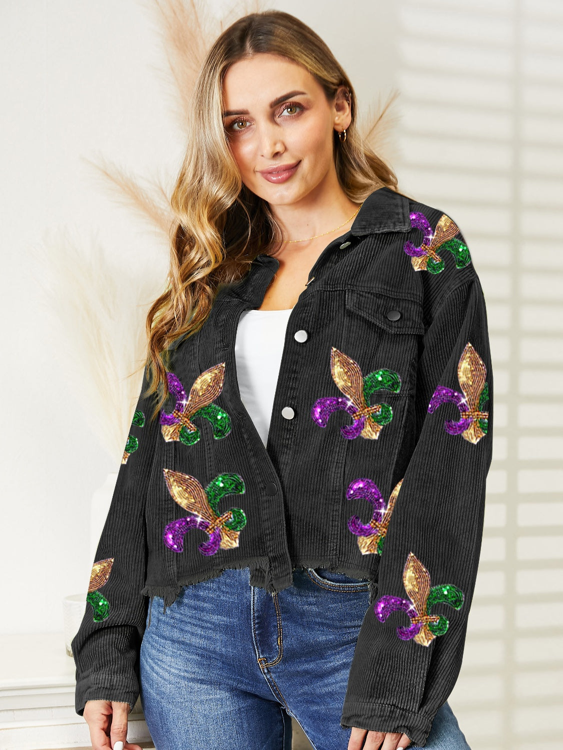 Mardi Gras Sequin Fleur De Lis Raw Hem Jacket, S-XL, four color choices