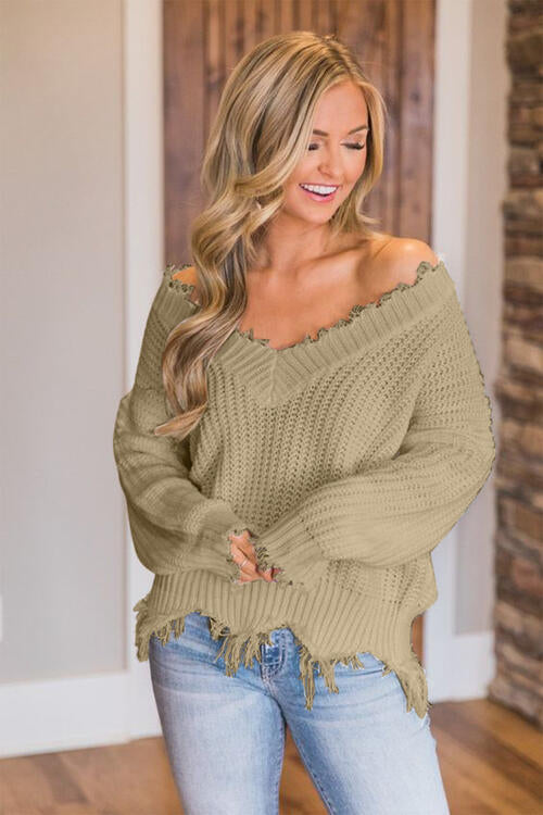 Frayed Hem Dropped Shoulder Sweater, S-2XL, several colors