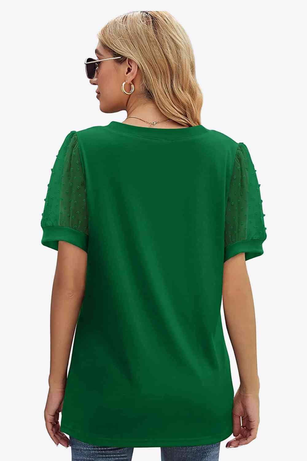 Swiss Dot Puff Sleeve V-Neck Tee, S-2XL, several color choices