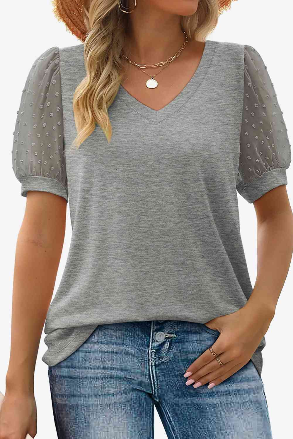 Swiss Dot Puff Sleeve V-Neck Tee, S-2XL, several color choices