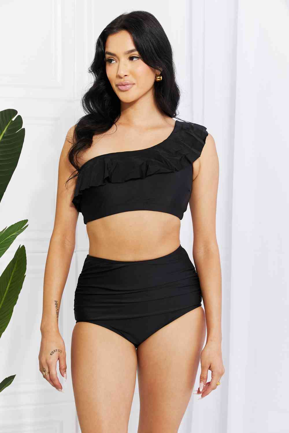 Ruffle One-Shoulder Bikini, S-2XL, black