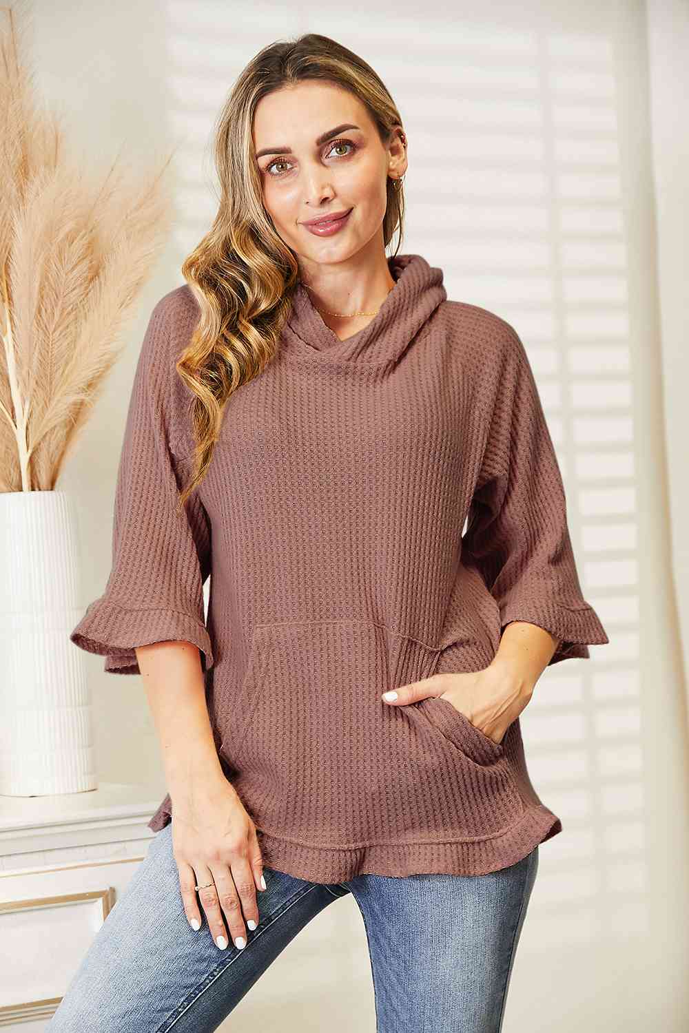 Waffle-Knit Ruffle Hem Hoodie, S-3XL, several color choices