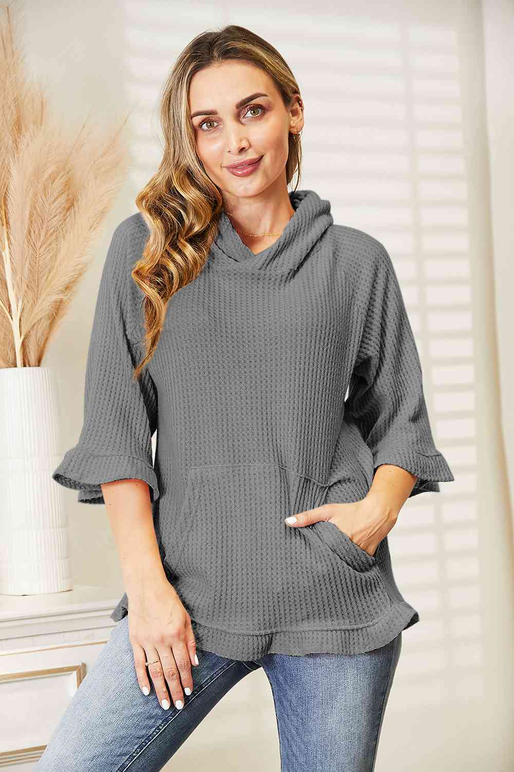 Waffle-Knit Ruffle Hem Hoodie, S-3XL, several color choices