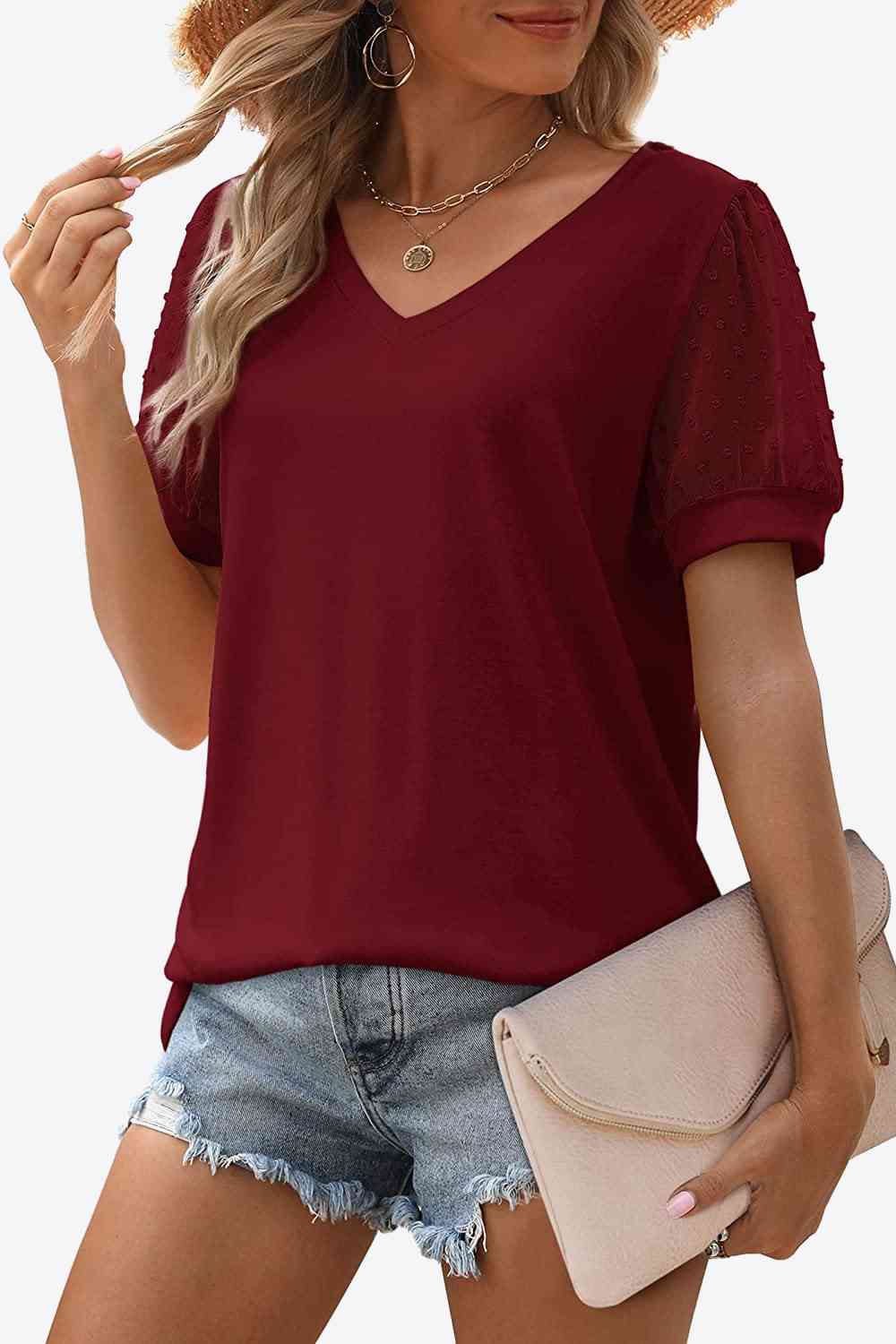 Swiss Dot Puff Sleeve V-Neck Tee, S-2XL, several color choices