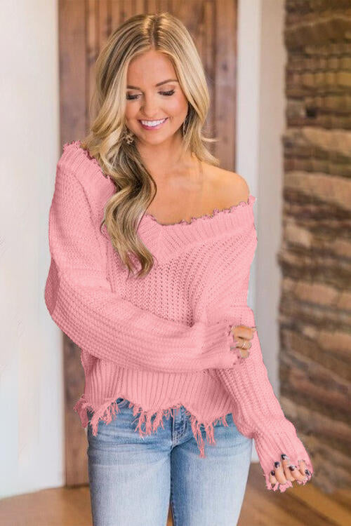 Frayed Hem Dropped Shoulder Sweater, S-2XL, several colors