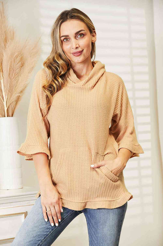 Waffle-Knit Ruffle Hem Hoodie, S-3XL, several color choices