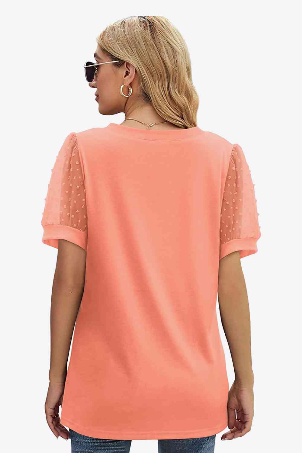 Swiss Dot Puff Sleeve V-Neck Tee, S-2XL, several color choices