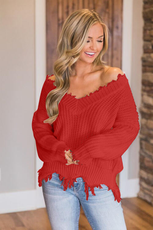 Frayed Hem Dropped Shoulder Sweater, S-2XL, several colors