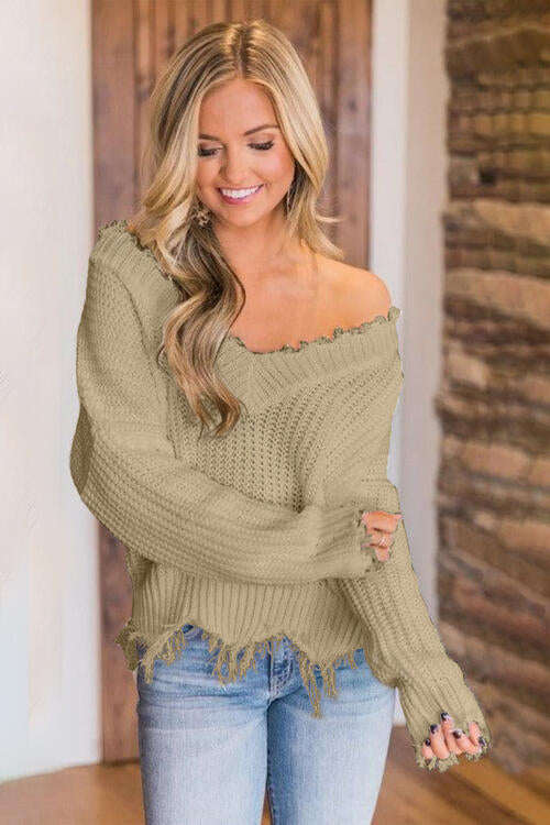 Frayed Hem Dropped Shoulder Sweater, S-2XL, several colors