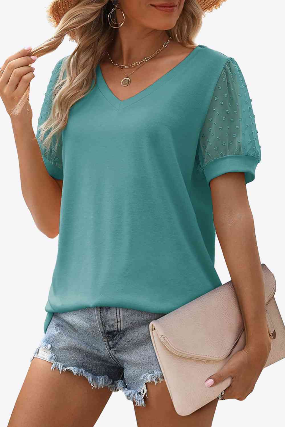 Swiss Dot Puff Sleeve V-Neck Tee, S-2XL, several color choices