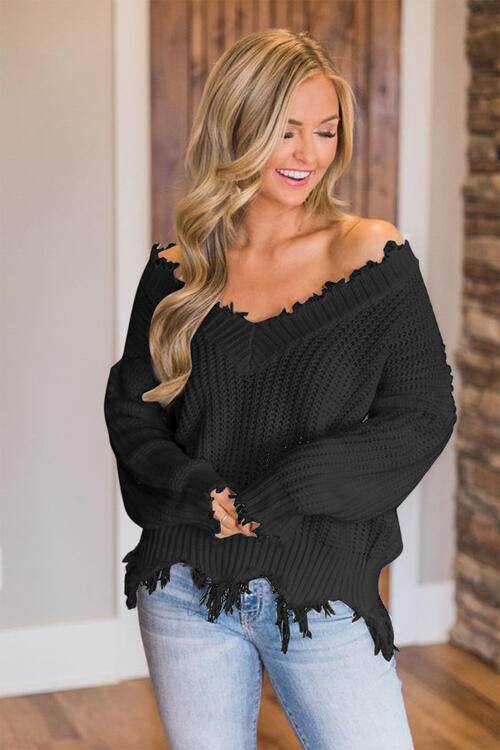 Frayed Hem Dropped Shoulder Sweater, S-2XL, several colors