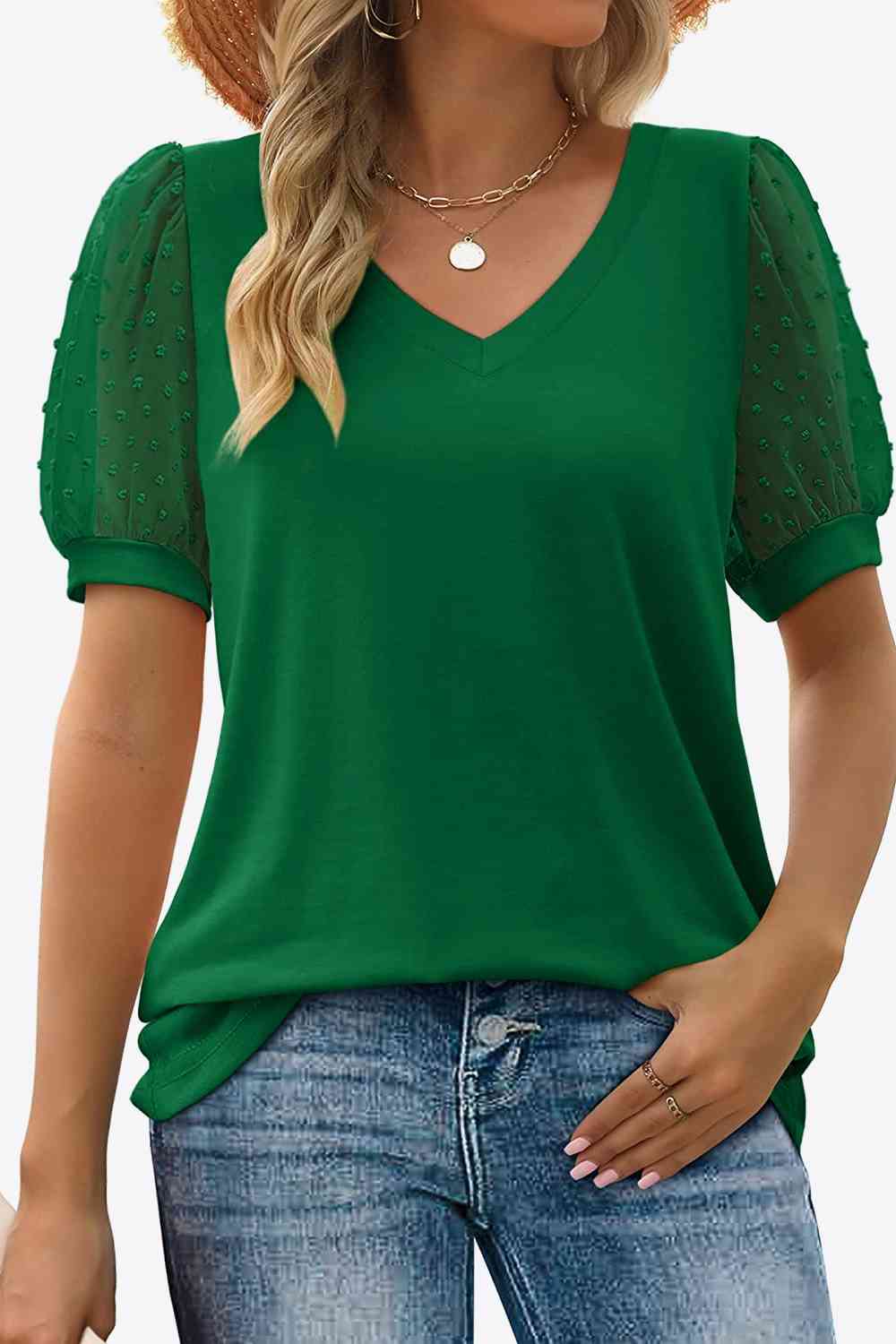 Swiss Dot Puff Sleeve V-Neck Tee, S-2XL, several color choices