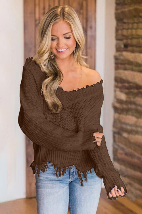 Frayed Hem Dropped Shoulder Sweater, S-2XL, several colors