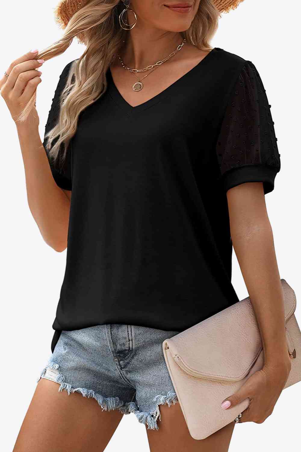 Swiss Dot Puff Sleeve V-Neck Tee, S-2XL, several color choices