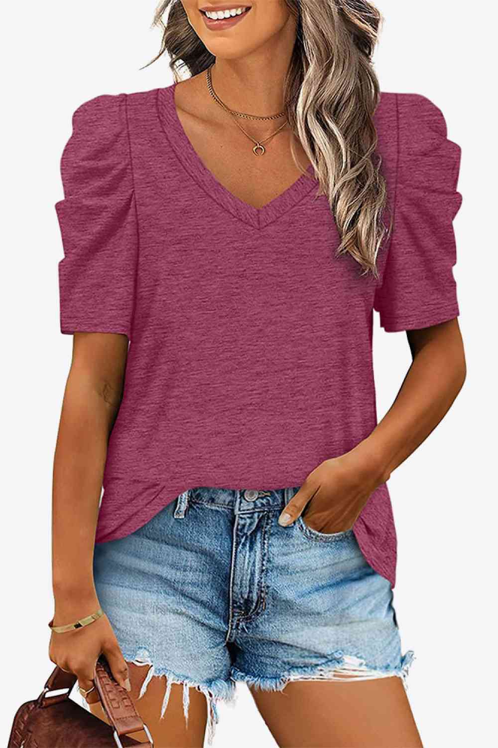 V-Neck Puff Sleeve Tee, S-2Xl, several color choices