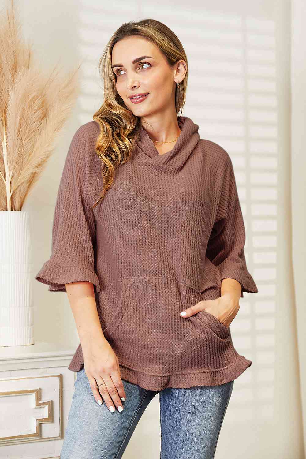 Waffle-Knit Ruffle Hem Hoodie, S-3XL, several color choices