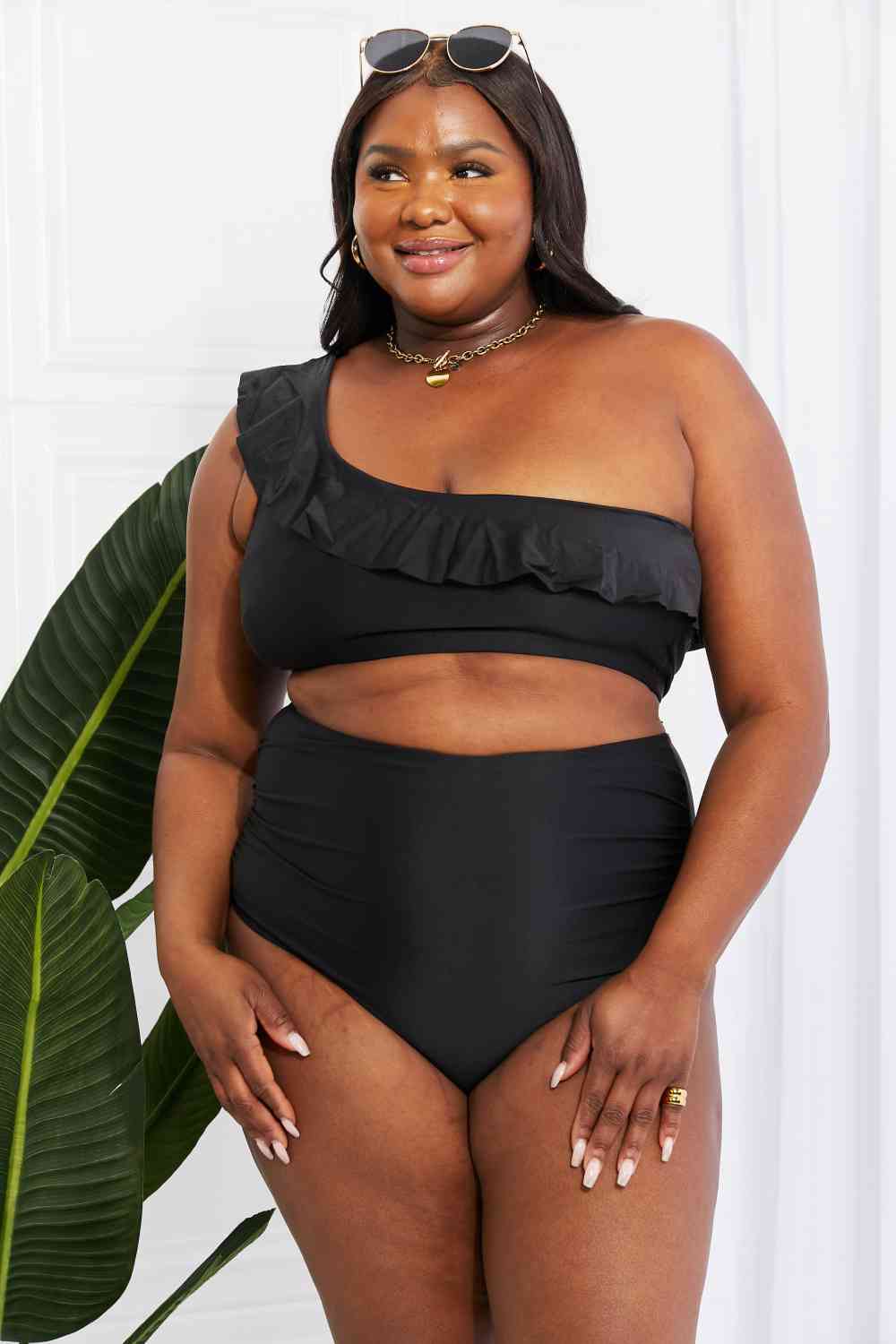 Ruffle One-Shoulder Bikini, S-2XL, black