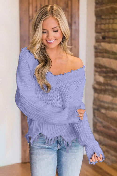 Frayed Hem Dropped Shoulder Sweater, S-2XL, several colors