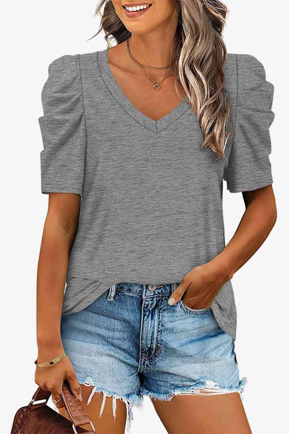 V-Neck Puff Sleeve Tee, S-2Xl, several color choices