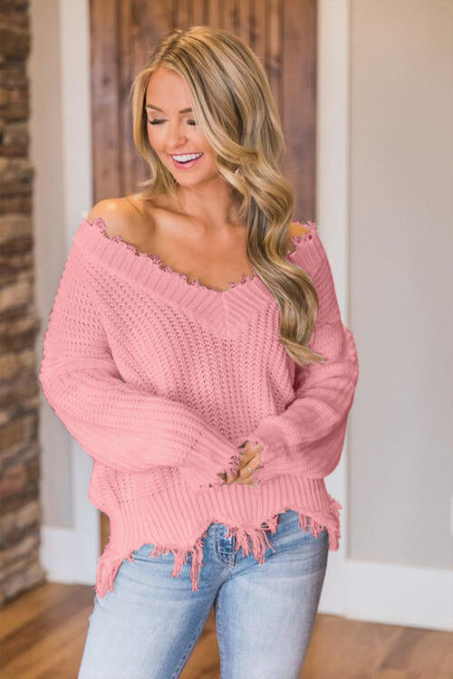 Frayed Hem Dropped Shoulder Sweater, S-2XL, several colors