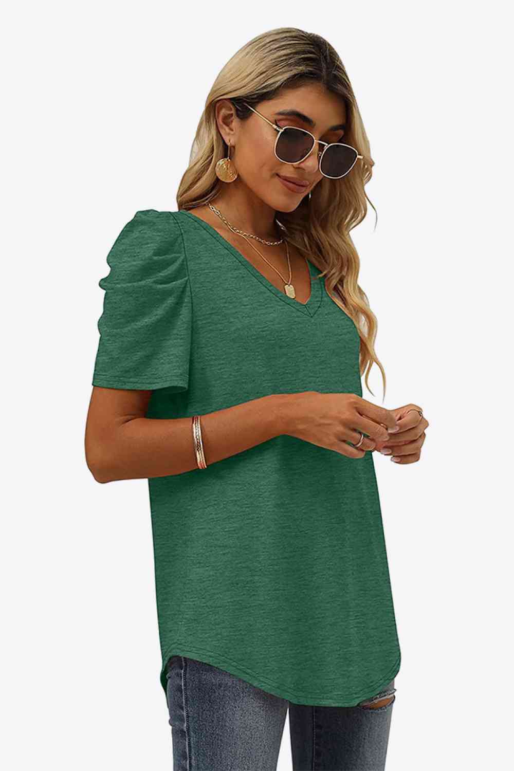 V-Neck Puff Sleeve Tee, S-2Xl, several color choices