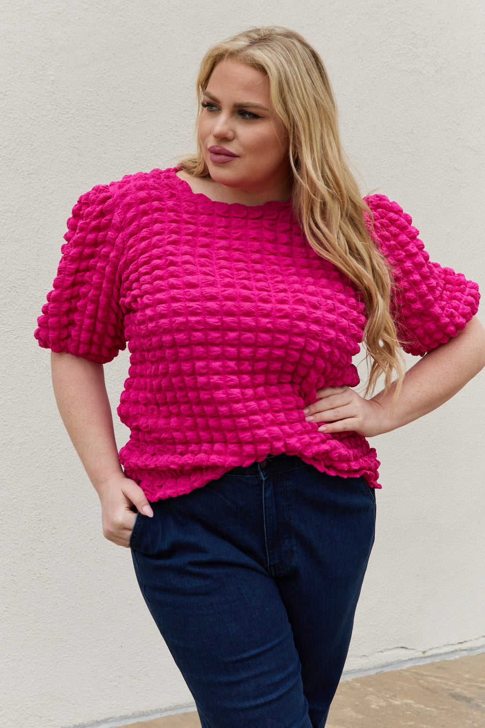 Bubble Textured Puff Sleeve Top, S-3XL