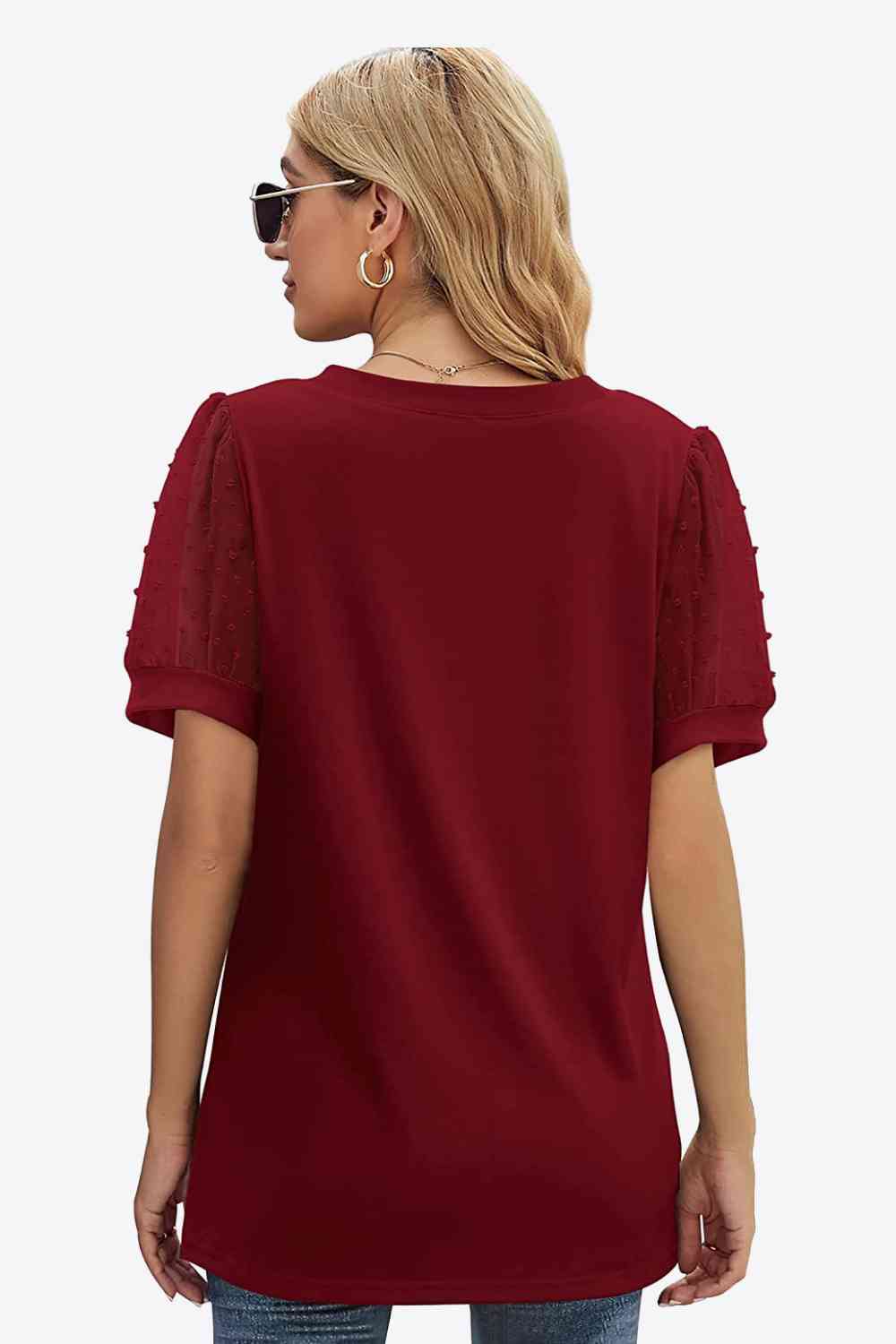 Swiss Dot Puff Sleeve V-Neck Tee, S-2XL, several color choices