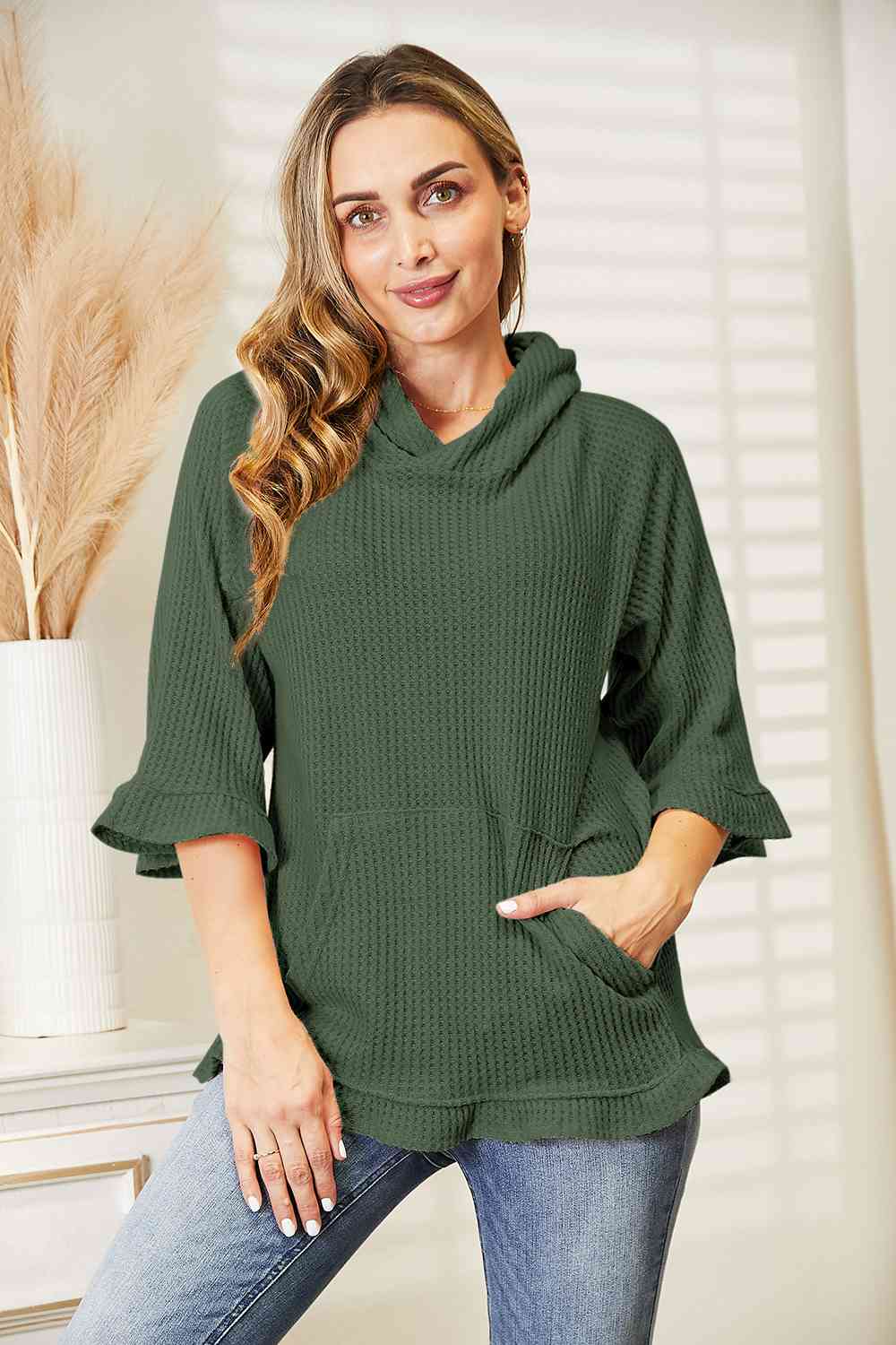 Waffle-Knit Ruffle Hem Hoodie, S-3XL, several color choices