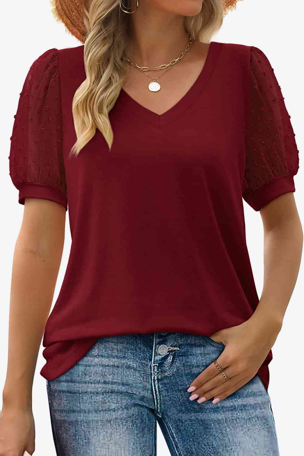 Swiss Dot Puff Sleeve V-Neck Tee, S-2XL, several color choices