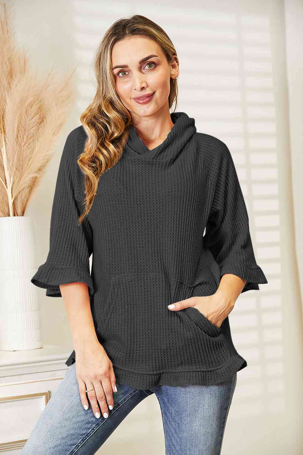 Waffle-Knit Ruffle Hem Hoodie, S-3XL, several color choices