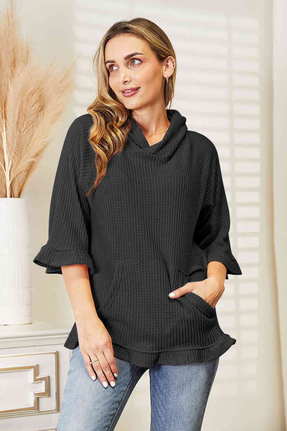 Waffle-Knit Ruffle Hem Hoodie, S-3XL, several color choices