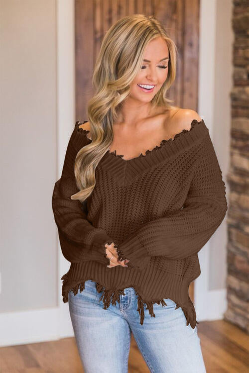 Frayed Hem Dropped Shoulder Sweater, S-2XL, several colors