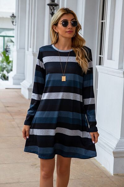 Striped Round Neck Long Sleeve Dress, S-2XL, several color choices